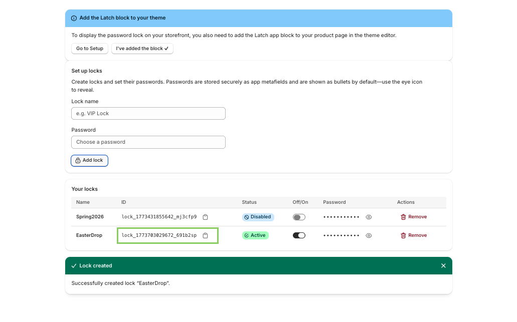Your locks table — copy the Lock ID