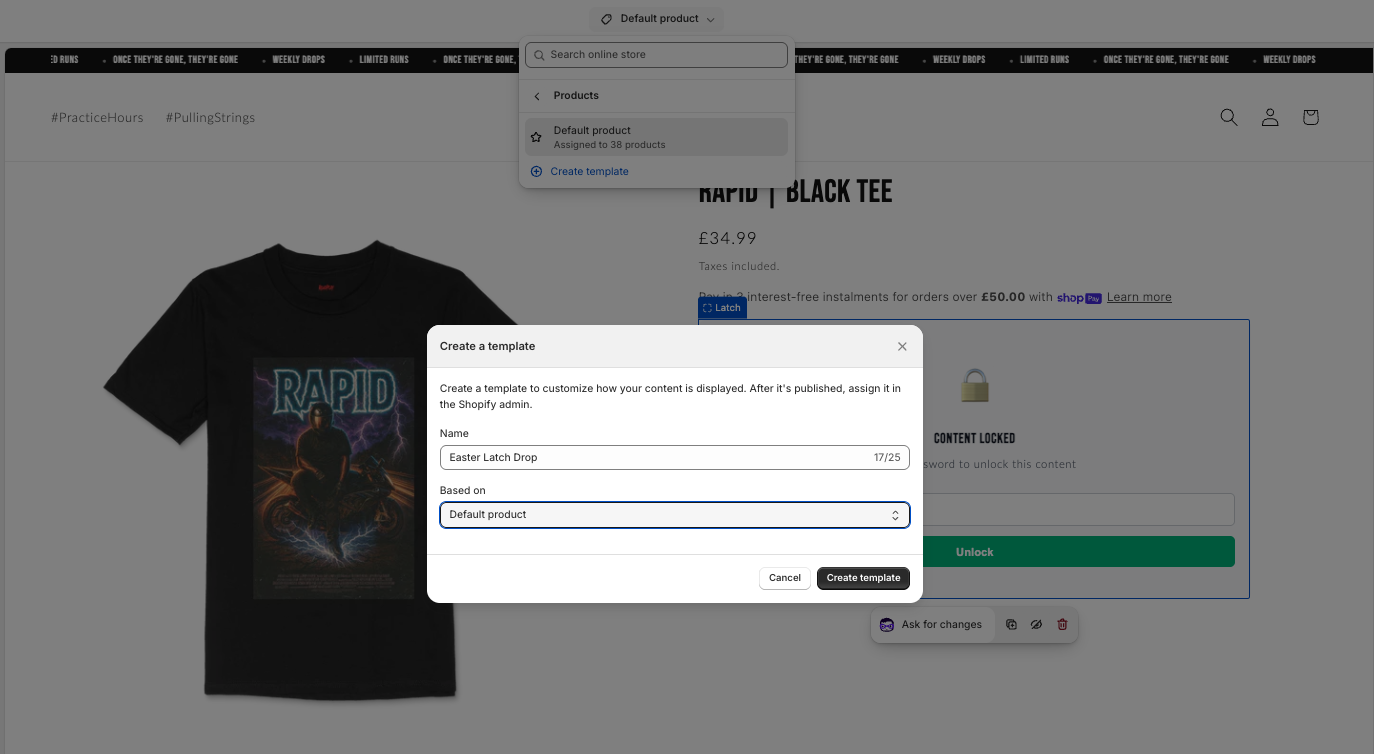 Theme editor — selecting a product template