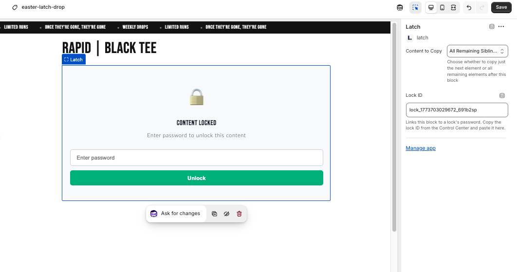 Block settings — pasting the Lock ID